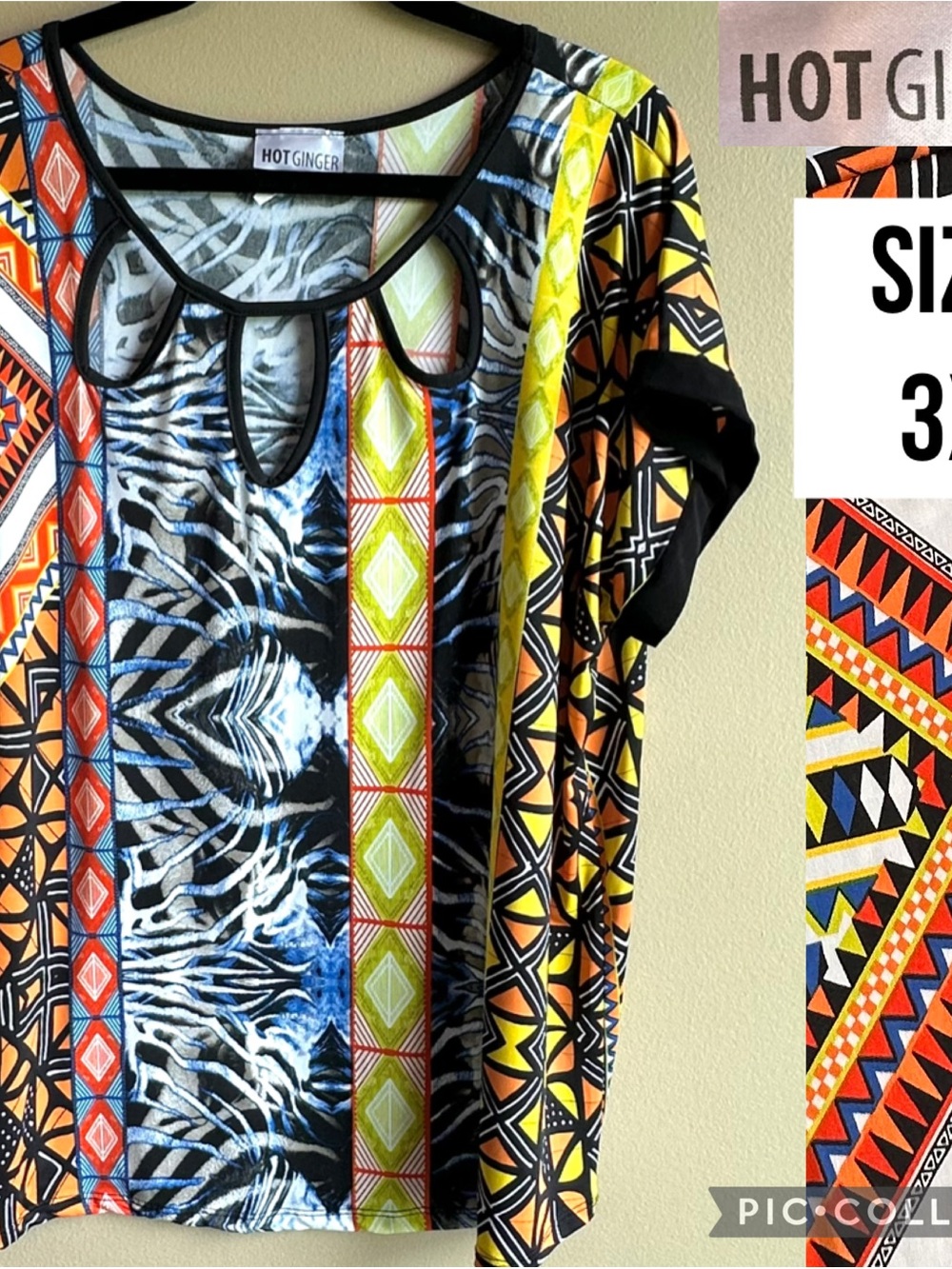 Hot Ginger Women’s Top Ankara Print Dolman Short Sleeve Keyhole Neckline Sz 3XL